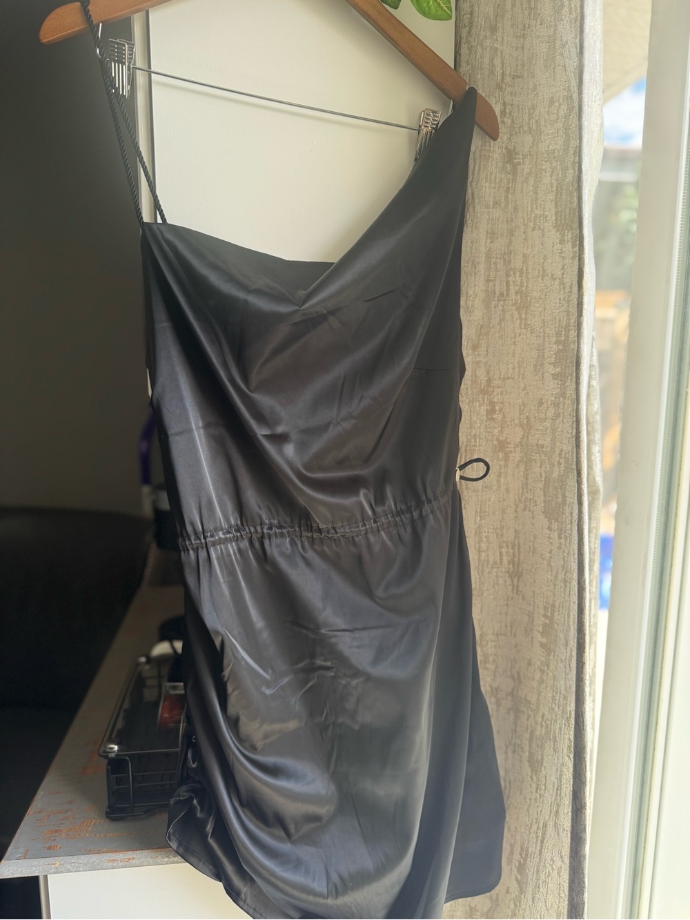 Maniere De Voir Black Satin Asymmetrical Slip Dress with Adjustable Sides